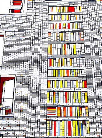  A stylized image of the side of a building, in which part of the wall is painted to look like a books on a shelf.